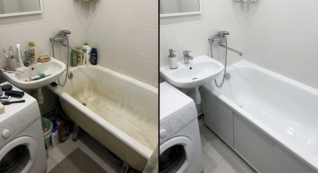 Коллаж с потемневшей и белой ванной